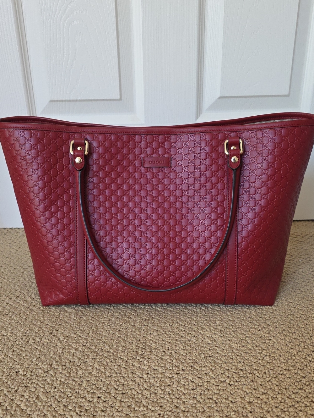 NEW, Gucci Red Embossed GG Tote with Gold Hardware, Pristine Condition